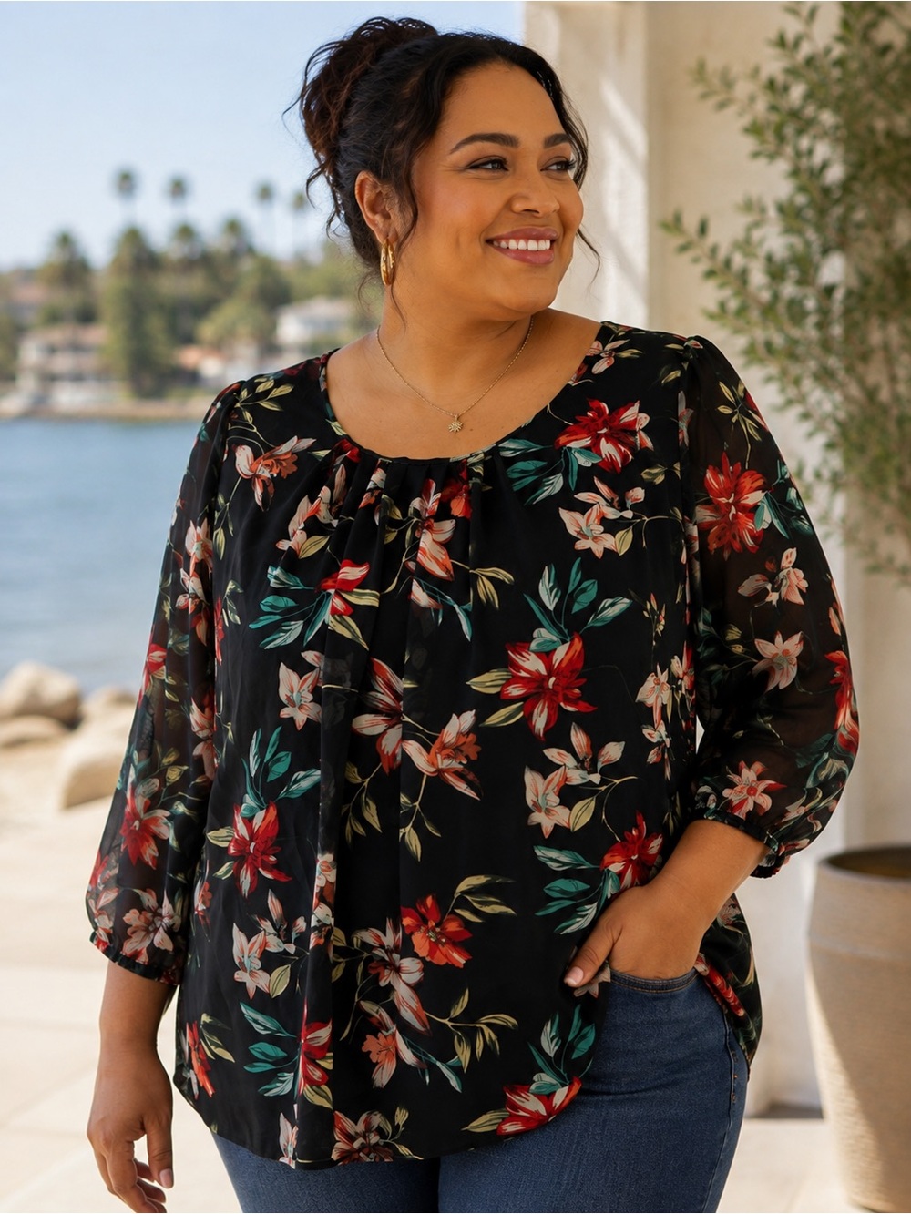 Zenobia Plus Size 2X Black Floral Blouse Red Teal 3/4 Sleeve